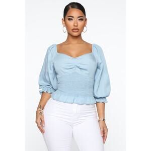 NWT Fashion Nova Light Blue Denim Chambray Smocked 3/4 Sleeve Top Women's Large